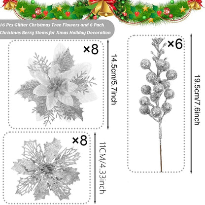 22PCS Christmas Decoration Set – Artificial Flowers & Berry Bouquet Ornaments for Tree, Home Decor, and Holiday Gifts