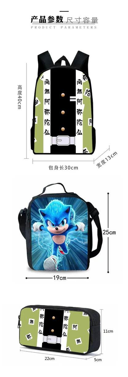3PC Cartoon School Bag Set – Sonic Lunch Bag, Pencil Case & Backpack for Primary & Middle School Students