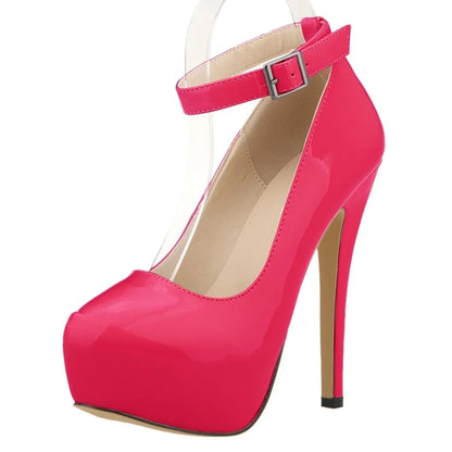 Women’s Patent Leather Stiletto Pumps – 14cm High Heels with Buckle Ankle Strap, Sexy Wedding & Fashion Shoes, Size 44