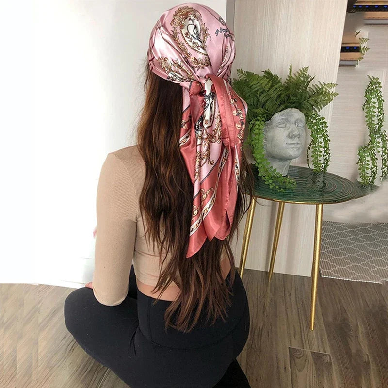 90x90cm Silk Square Scarf - Women’s Printed Hijab Shawl Head Wrap Bandana Beach Pareo Fashion Accessory
