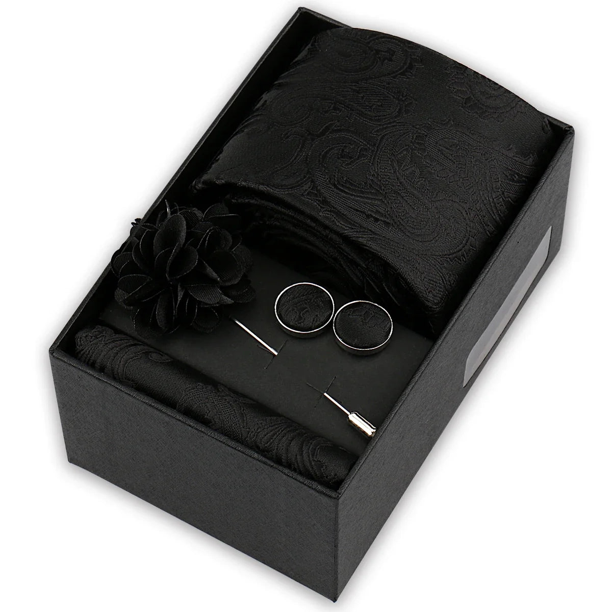 Men’s 4-Piece Tie Set Gift Box - Elegant Necktie with Handkerchief, Cufflinks & Brooch for Business, Wedding & Suit Accessories