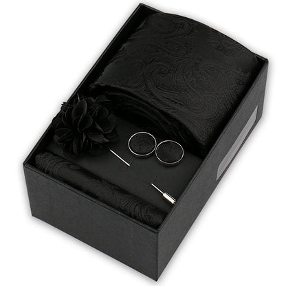 Men’s 4-Piece Tie Set Gift Box - Elegant Necktie with Handkerchief, Cufflinks & Brooch for Business, Wedding & Suit Accessories
