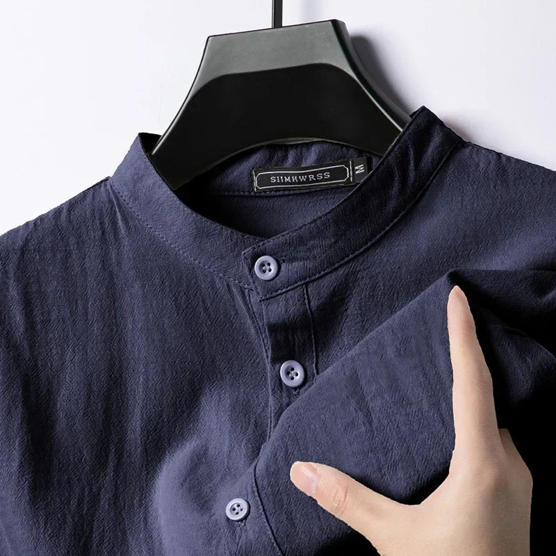 Men’s Linen Cotton Shirt - Lightweight Long Sleeve Henley Beachwear Hawaiian Style Breathable Top