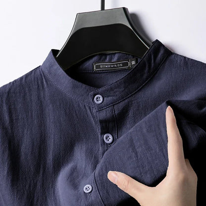 Men’s Linen Cotton Shirt - Lightweight Long Sleeve Henley Beachwear Hawaiian Style Breathable Top