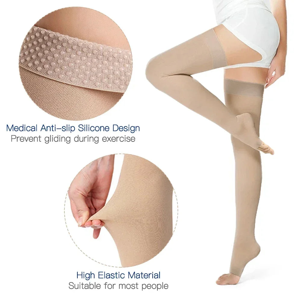 Thigh High 20-32 mmHg Toeless Compression Socks – Circulation Support for Men & Women with Silicone Dot Band