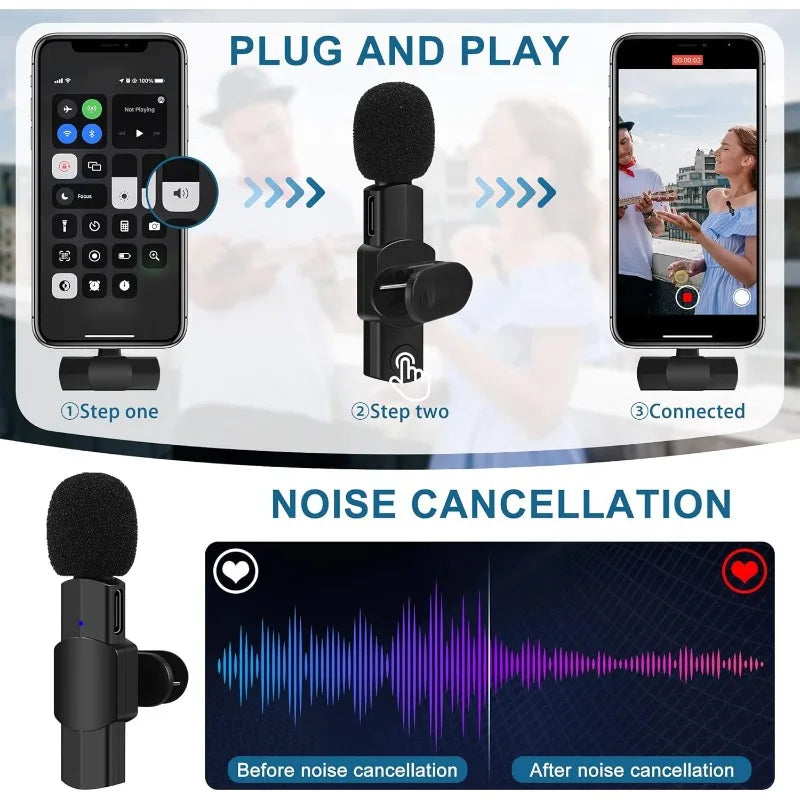 Wireless Lavalier Microphone - Noise Reduction Clip-On Mic for iPhone iPad Recording Live Stream YouTube & Facebook