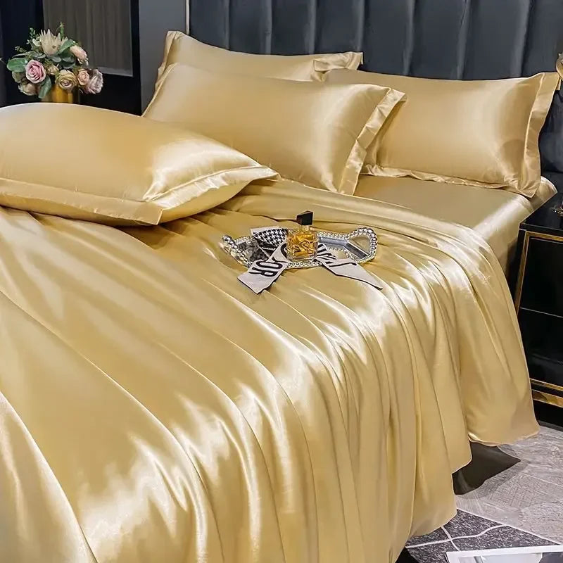 Nordic Silk Bedding Set With Duvet Cover - Luxury Solid Color Bed Sheet & Pillowcase Set For Single Double Couple Summer Bed Linen