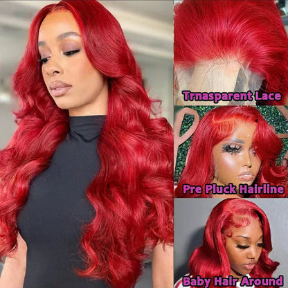 30 Inch Hot Red Body Wave Wig – 13x4 Lace Front, Pre-Plucked Brazilian Human Hair, HD Transparent 13x6 Lace Frontal Wig