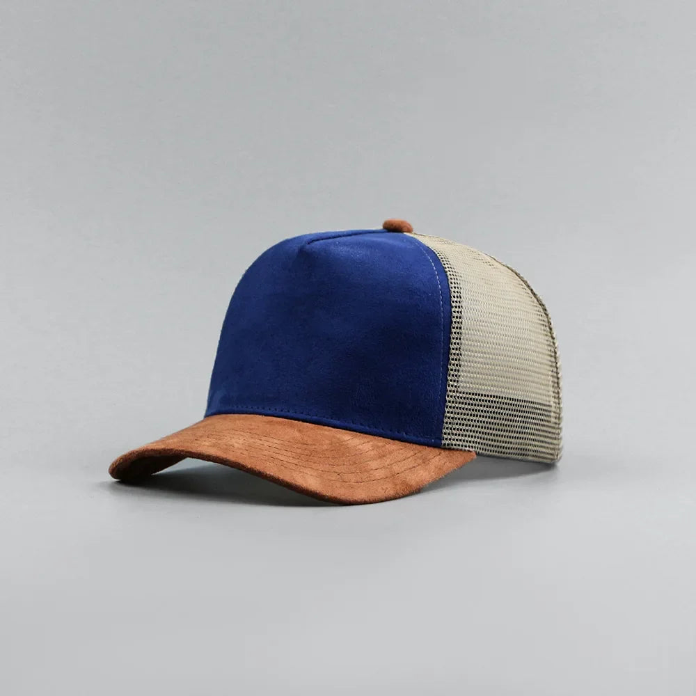 Custom Logo Suede Five Panel Cap - Leather Label Mesh Trucker Hat for Men & Women