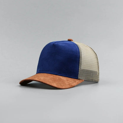 Custom Logo Suede Five Panel Cap - Leather Label Mesh Trucker Hat for Men & Women