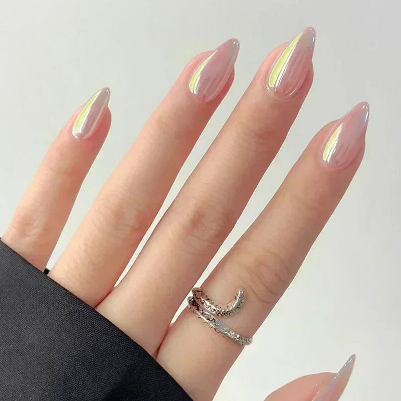 24Pcs French Press On Nails - Almond Fake Nail Tips with Glue, White Edge Design & Pink Stiletto Style Manicure Set