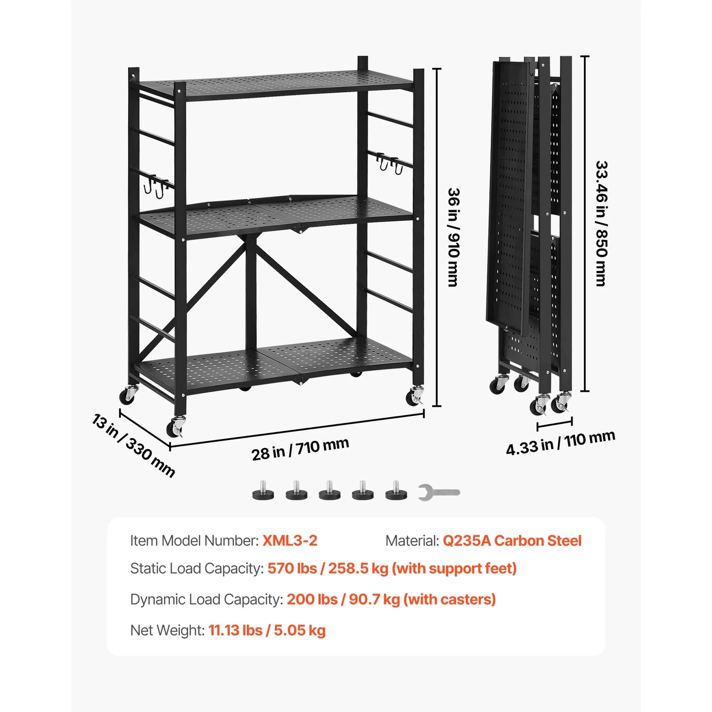 SucceBuy 3-6 Tier Black Foldable Storage Shelf — Wheeled Metal Rack Organizer for Kitchen & Garage