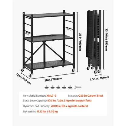 SucceBuy 3-6 Tier Black Foldable Storage Shelf — Wheeled Metal Rack Organizer for Kitchen & Garage
