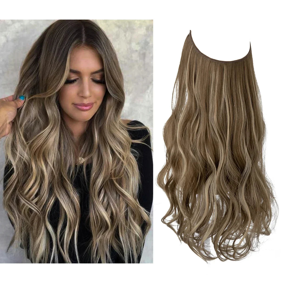 Synthetic Ombre Hair Extension - One Piece Invisible Wire Long Wavy Clipless False Hairpiece Black Blonde Pink