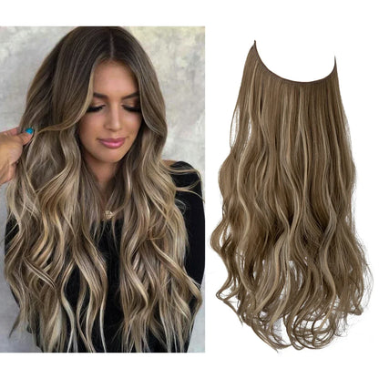 Synthetic Ombre Hair Extension - One Piece Invisible Wire Long Wavy Clipless False Hairpiece Black Blonde Pink