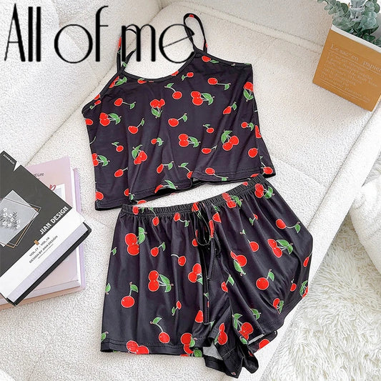 2Pcs Women’s Satin Pajama Set - Sexy Strap Vest Top & Shorts Nightwear Lingerie Sleepwear Outfit