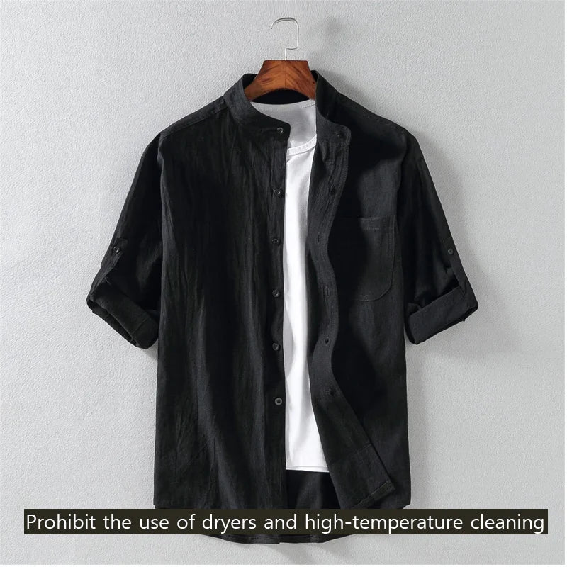 Men’s Stand Collar Short Sleeve Shirt - Spring Summer Casual Mid-Sleeve Plus Size Fashion Top