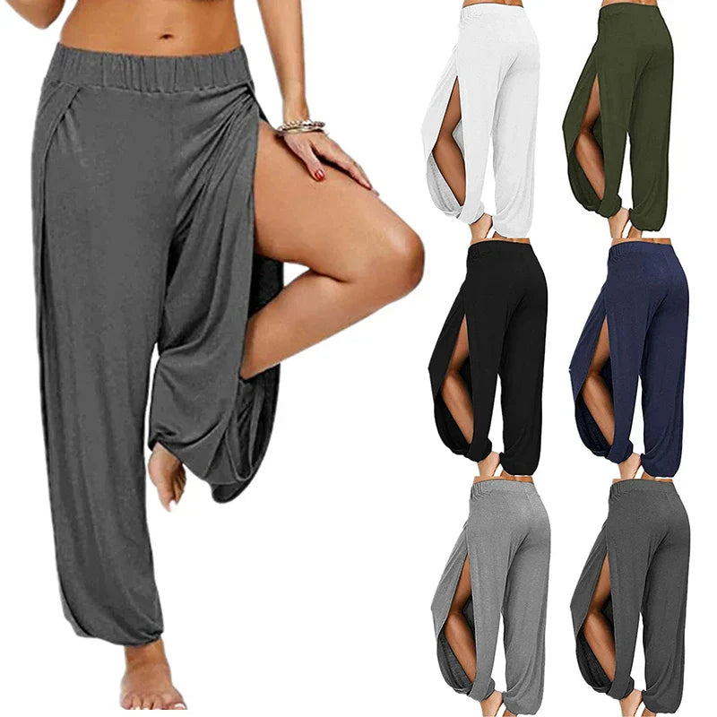 Women's Fashion Yoga Pants: High-Waisted Slit Wide Leg Harem Pants, Gym Leggings Casual Solid Hollow Workout Trousers for Gym and Home Wear