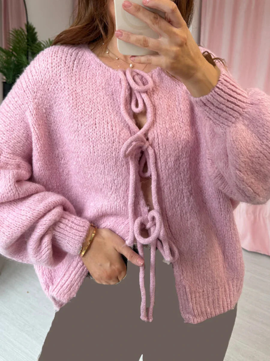 Fashion Knitted Bow Lace-Up Cardigan for Women – Y2K Open Front Sweater, Sweet Lantern Sleeve Oversized Knit Cardigan