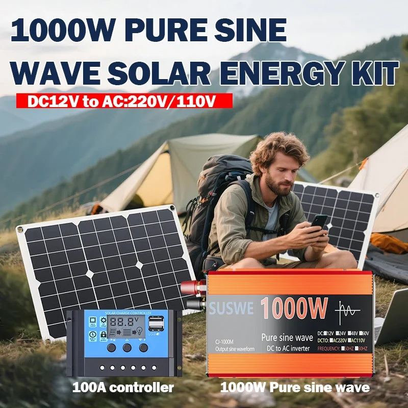 1000W Solar Power System Kit - 600W Solar Panel, 12V to AC 110V/220V Inverter & 100A Charge Controller