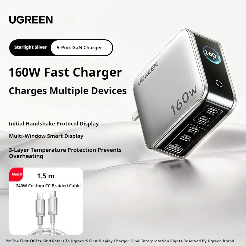 UGREEN GaN 160W Fast Charger - 5 Port USB-C/A PD3.1 Power Adapter with Smart Display for iPhone 17 Tablets & Laptops