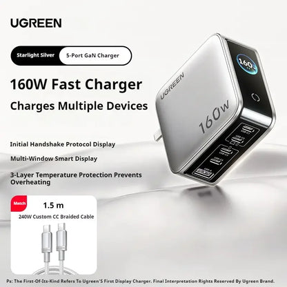 UGREEN GaN 160W Fast Charger - 5 Port USB-C/A PD3.1 Power Adapter with Smart Display for iPhone 17 Tablets & Laptops