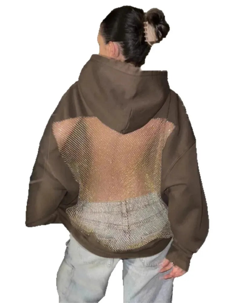 Women's Lace Splice Hoodie - Sexy See-Through Backless Fleece Pullover for Autumn & Winter Streetwear Fashion