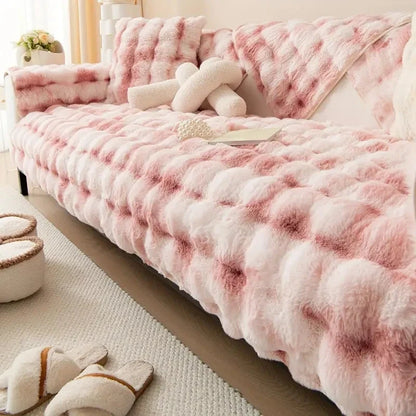 Thick Rabbit Fur Plush Sofa Slipcover - Non-Slip Soft Couch Cushion Cover for Modern Living Room Home Decor