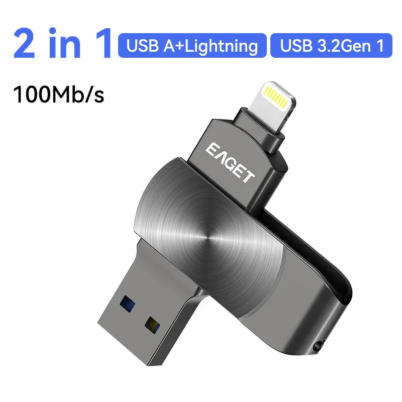 Eaget MFi USB Flash Drive - Lightning to USB 3.2 Memory Stick 64GB 128GB 256GB 1TB for iPhone iPad PC & Laptop