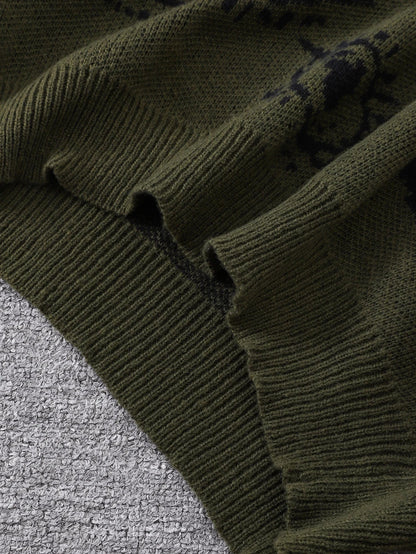 Men's Abstract Eye Jacquard Sweater - Round Neck Knitted Autumn Winter Casual Pullover Top