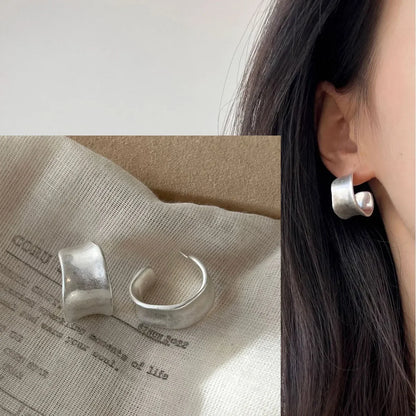 PANJBJ925 Sterling Silver Hoop Earrings - Frosted Geometric Design Fashion Jewelry Gift for Women