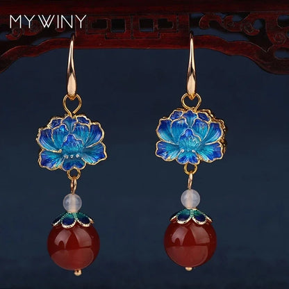Vintage Flower Drop Earrings - Natural Stone Ethnic Jewelry for Women