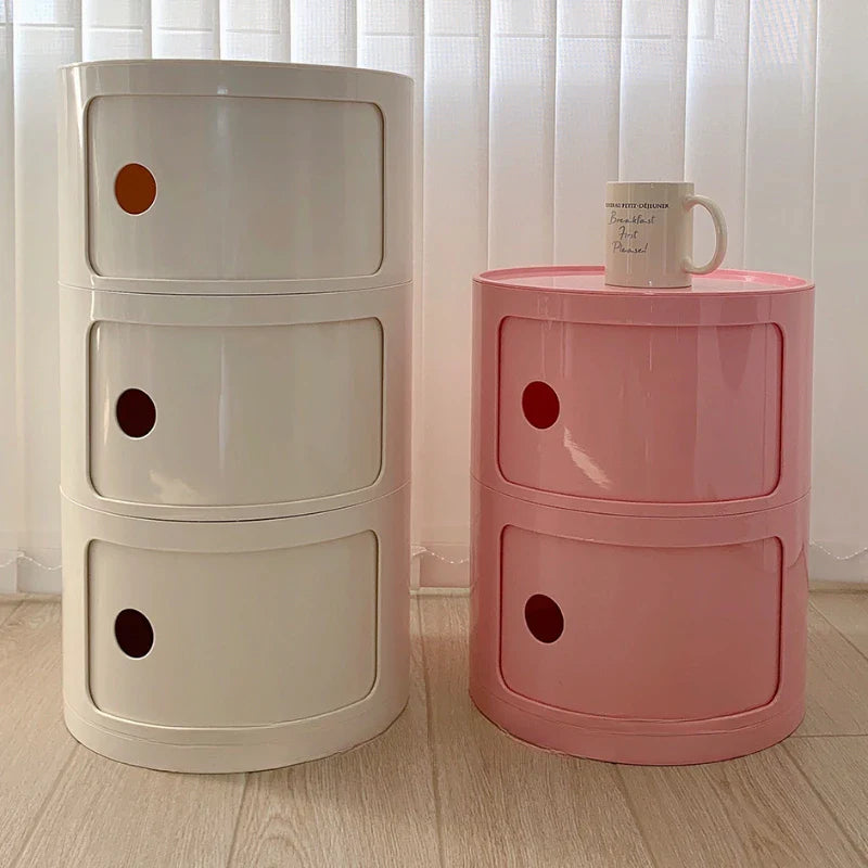 Nordic Minimalist White Bedside Table – Modern Round Plastic Side Cabinet, Small Creative Storage Unit