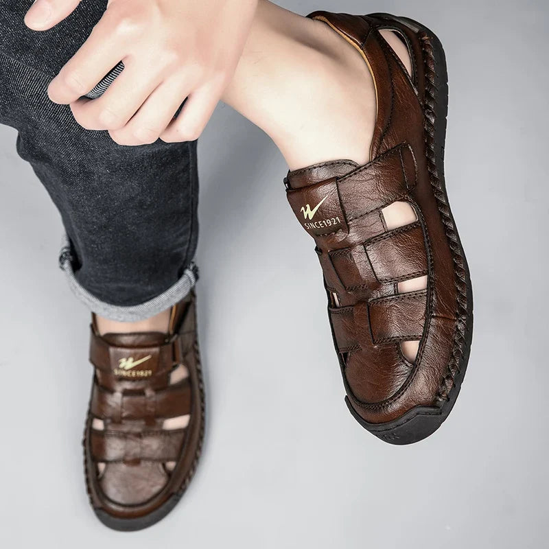 Men's Wide Toe Leather Sandals - Breathable Hollow Out Closed Toe Roman Casual Shoes Plus Size