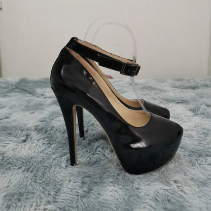 Women’s Patent Leather Stiletto Pumps – 14cm High Heels with Buckle Ankle Strap, Sexy Wedding & Fashion Shoes, Size 44