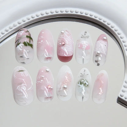 24PCS Pink Almond Press On Nails - Butterfly Ballet French Design Artificial Nail Tips for Stylish Nail Art