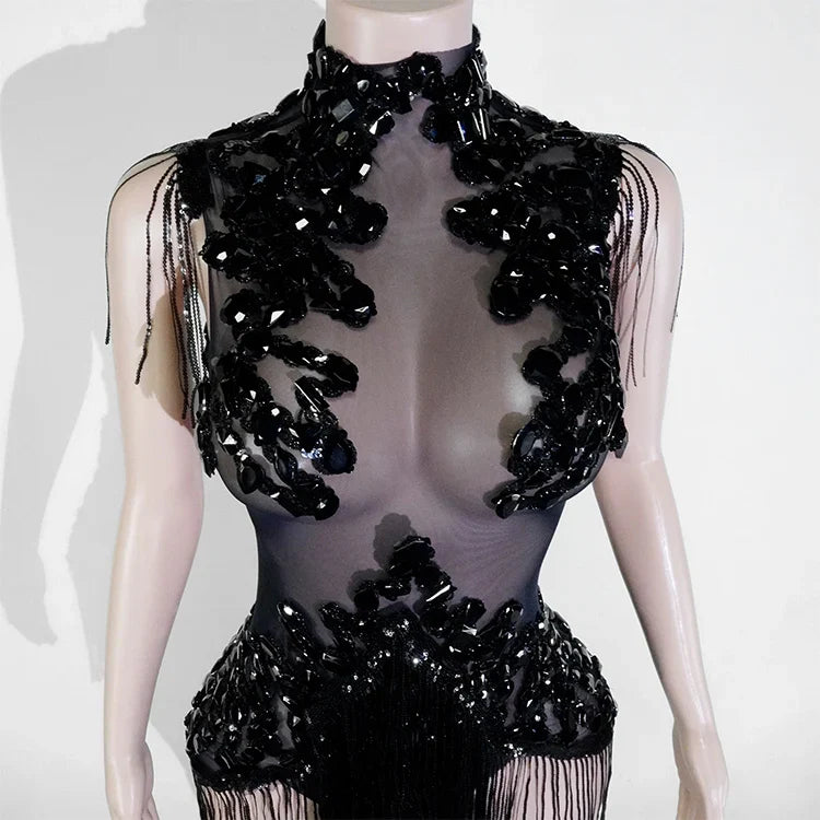 Sexy Shiny Silver Sequin & Black Spandex Jumpsuit — 2025 Women’s Prom, Dancer & Stage Performance Costume