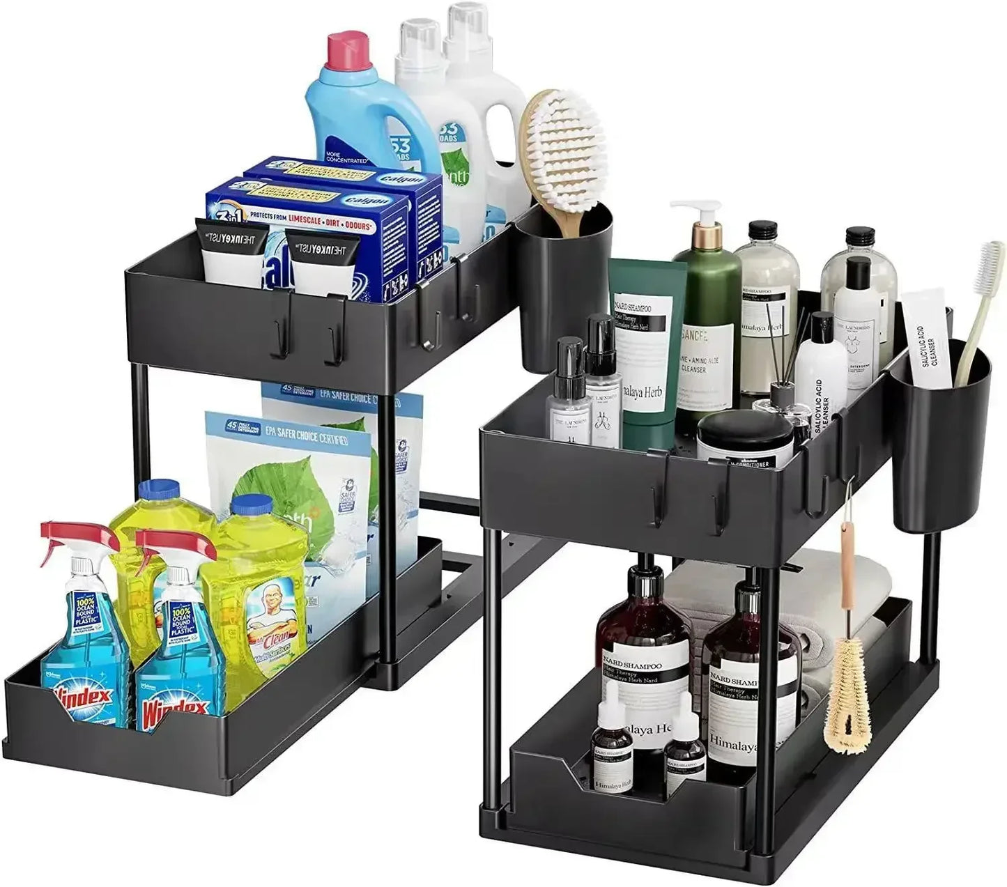 2-Tier Under Sink Sliding Organizer — Cabinet Basket Storage Rack with Hooks for Bathroom & Kitchen Cups