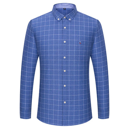 Men's 100% Cotton Oxford Plaid Shirt - Soft Regular Fit Long Sleeve Formal Dress Shirt with Pocket S-7XL