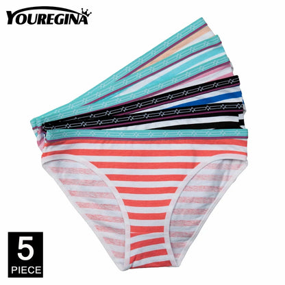 Women’s Cotton Lace Panties Set - 5Pcs Sexy Bikini Briefs with Striped Print Underwear for Ladies & Girls