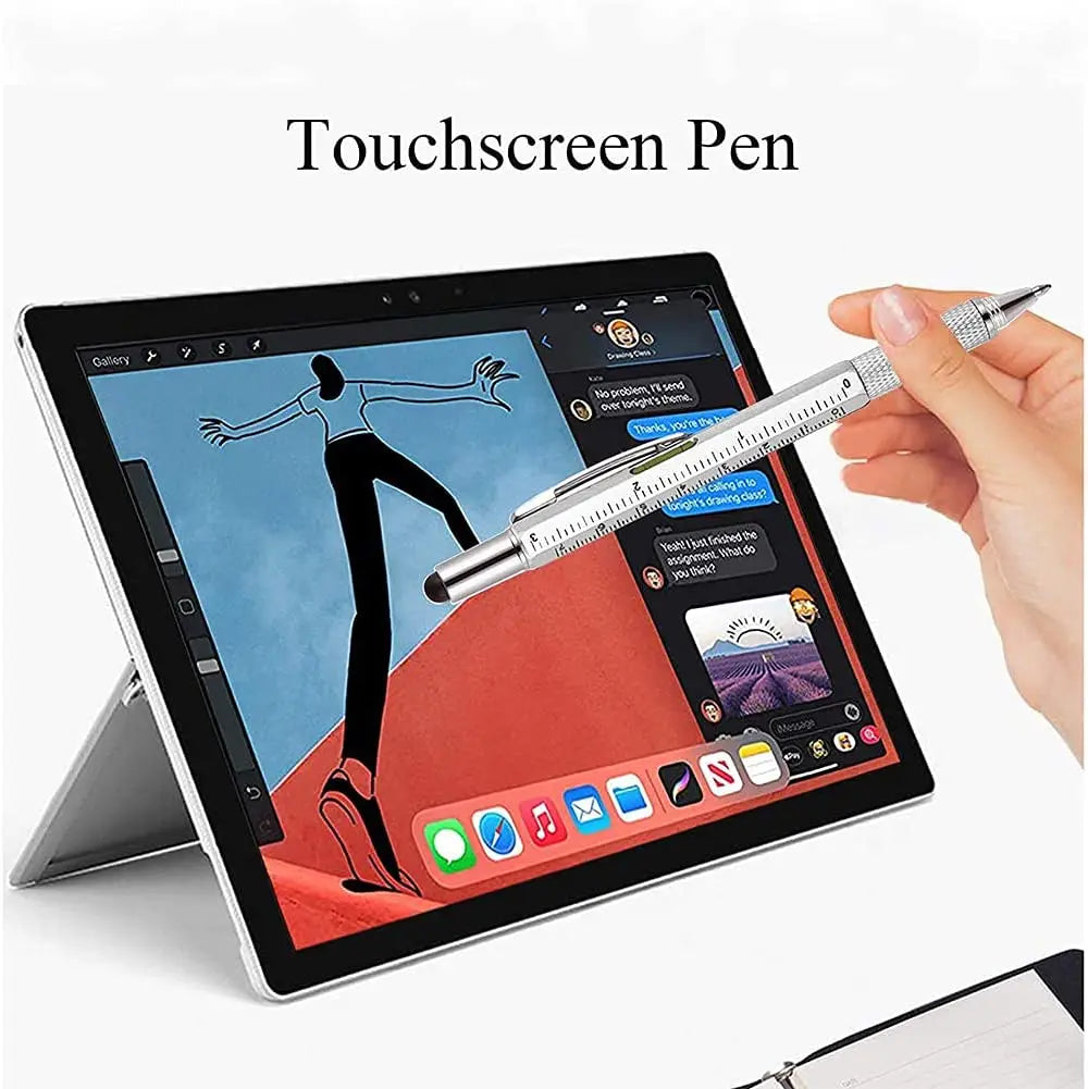 7 in 1 Multifunction Ballpoint Pen - Modern Handheld Tool with Ruler, Screwdriver, Touch Screen Stylus, and Spirit Level