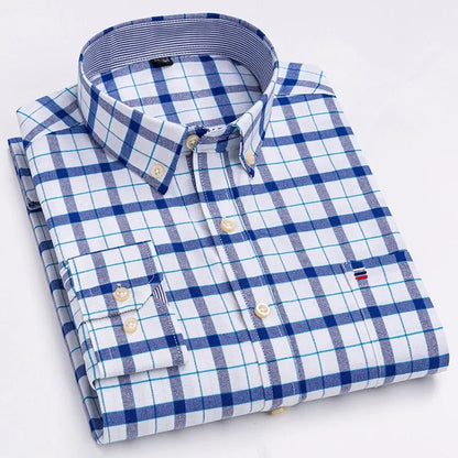 Men’s Cotton Oxford Shirt - Smart Casual Long Sleeve Plaid Print Dress Shirt, Regular Fit up to 6XL