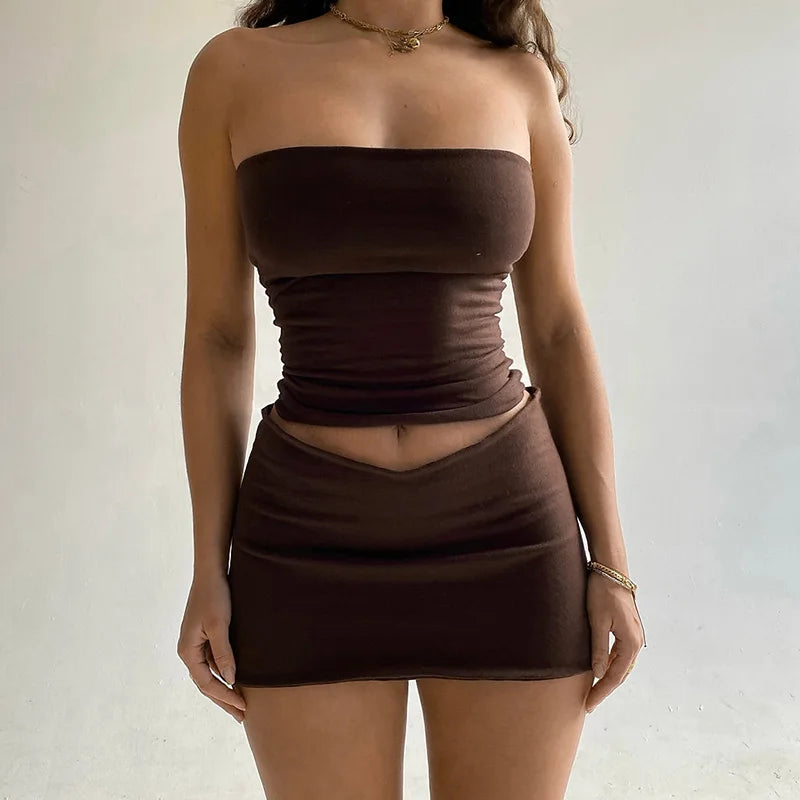 Hugcitar Solid Sleeveless Folds Tube Crop Top & Skirt Set – 2 Piece Summer Fashion Streetwear, Beach Clothing