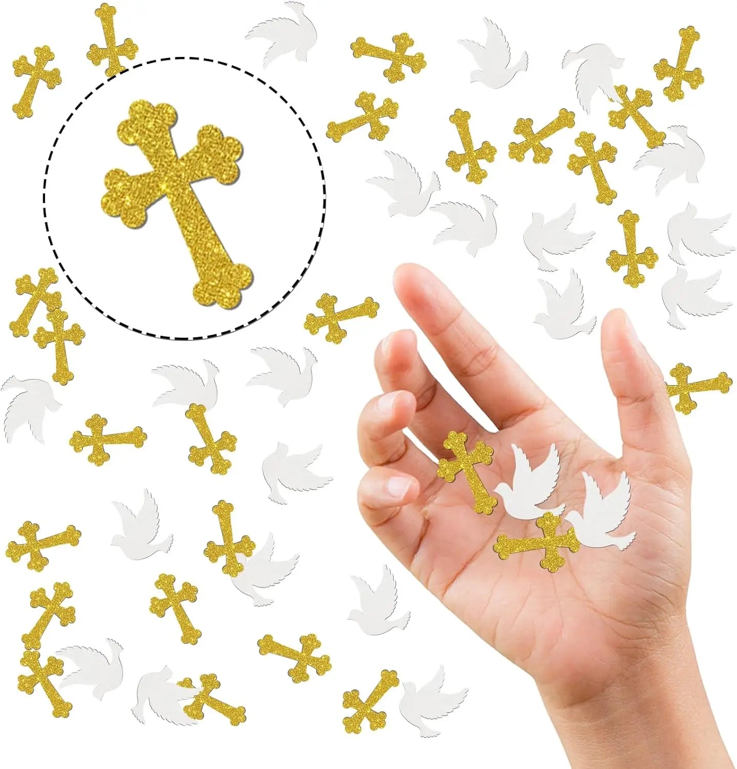 100PCS Glitter Cross & Dove Confetti – Elegant Wedding, Baptism & Birthday Religious Party Decorations