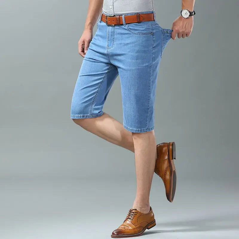 Men's Embroidered Denim Shorts - Summer Thin Straight Leg Casual Blue Jean Shorts