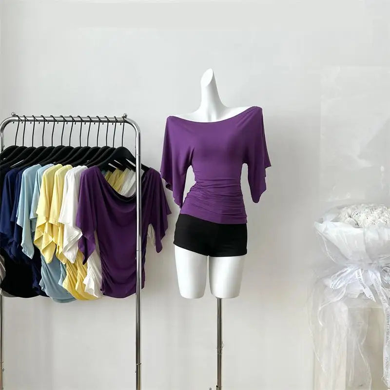 Women’s High Stretch Slash Neck Top - Slim Fit Flare Sleeve Pleated Summer Solid Color T-Shirt