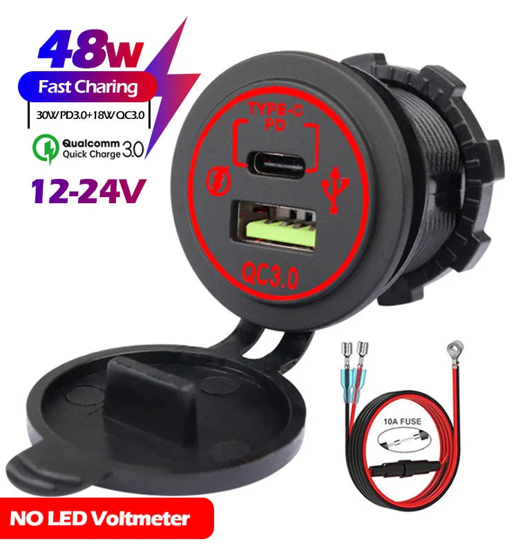 48W Quick Charge 3.0 Waterproof USB Car Charger 12V/24V PD Type-C + QC3.0 Dual USB Fast Charging Socket with LED Voltmeter for Cars, Trucks & Boats