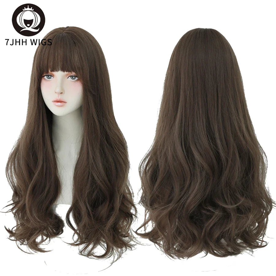 7JHH Brown Ash Long Deep Wave Lolita Wig for Women — Synthetic Hair with Bangs, Thick Curly Fashion Wig