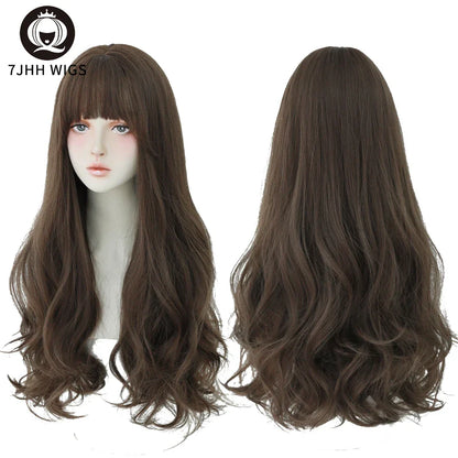 7JHH Brown Ash Long Deep Wave Lolita Wig for Women — Synthetic Hair with Bangs, Thick Curly Fashion Wig