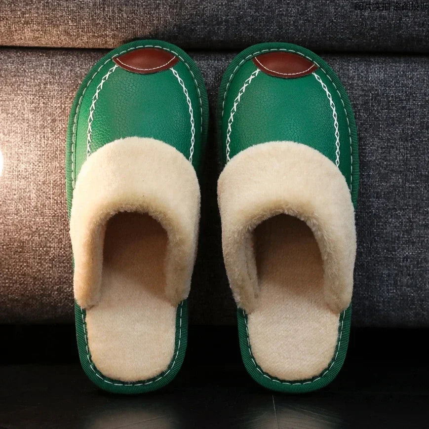 Men & Women Winter PU Leather Slippers — Black Waterproof Indoor Home Shoes, Warm Cozy House Slippers
